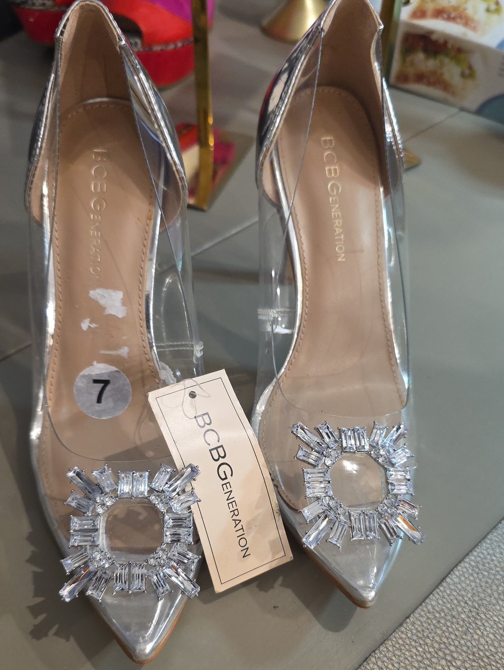 *BNWT* BCBGeneration Clear + Silver Pointed Toe Pumps with Crystal
